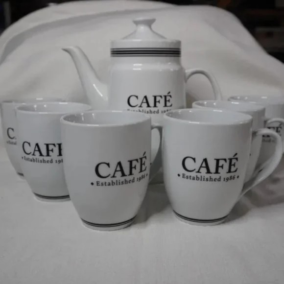 Pottery Barn Cafe Est 1986 *** Set of 2 Cups *** White with Black Design - Picture 8 of 9